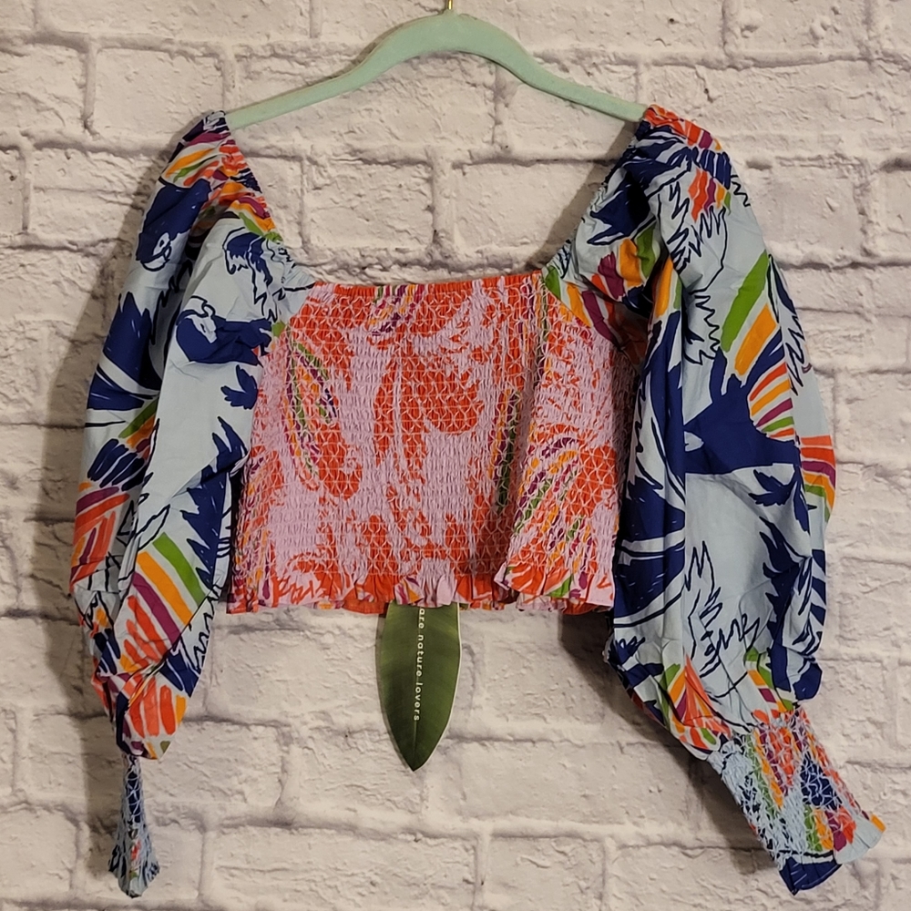 💥Farm Rio Tropical Print Smocked Crop Top